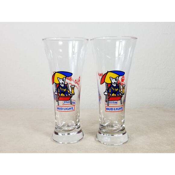 Budweiser Glassware Bud Light 1987 Spuds Mackenzie 7" Pilsner Beer Glasses x2 - Picture 1 of 14